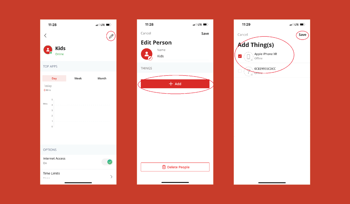 Screenshots of app instructions on red background