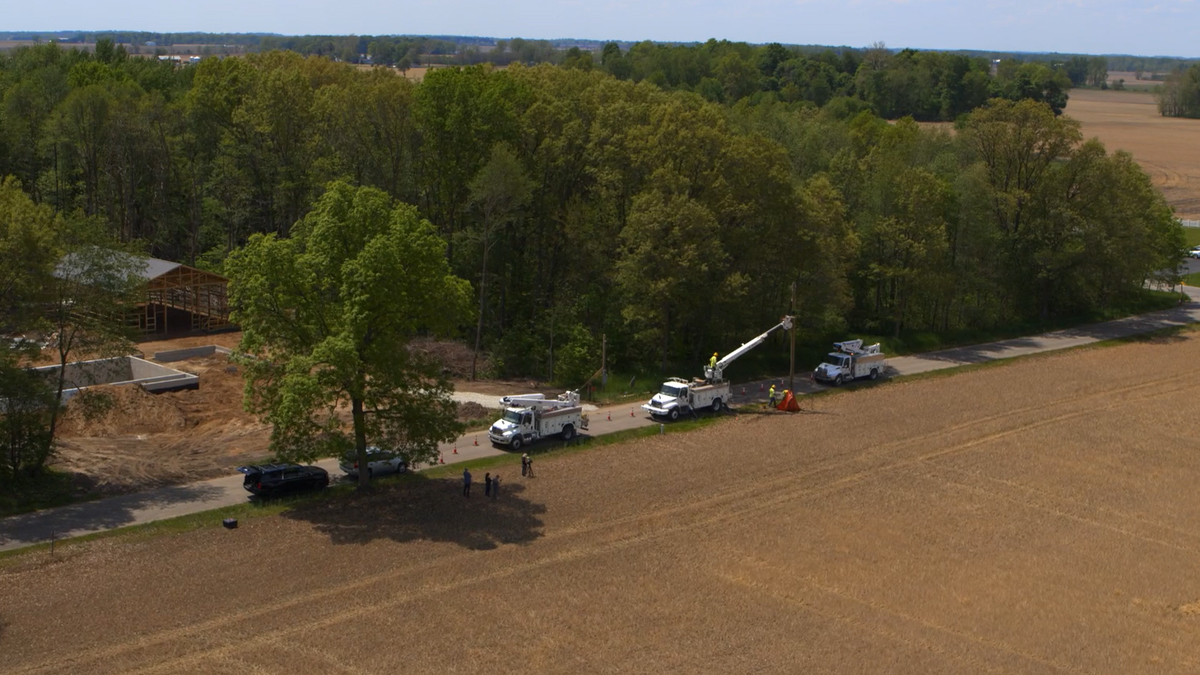 Drone shot of Kosciusko Connect bucket trucks